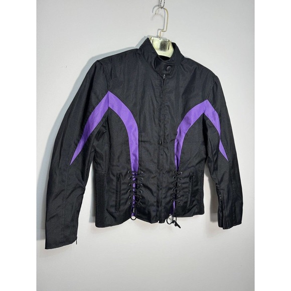 New WOMEN'S BIKER JACKET IK LEATHER BLACK & PURPLE NYLON ZIP-UP SIZE M - Picture 4 of 10